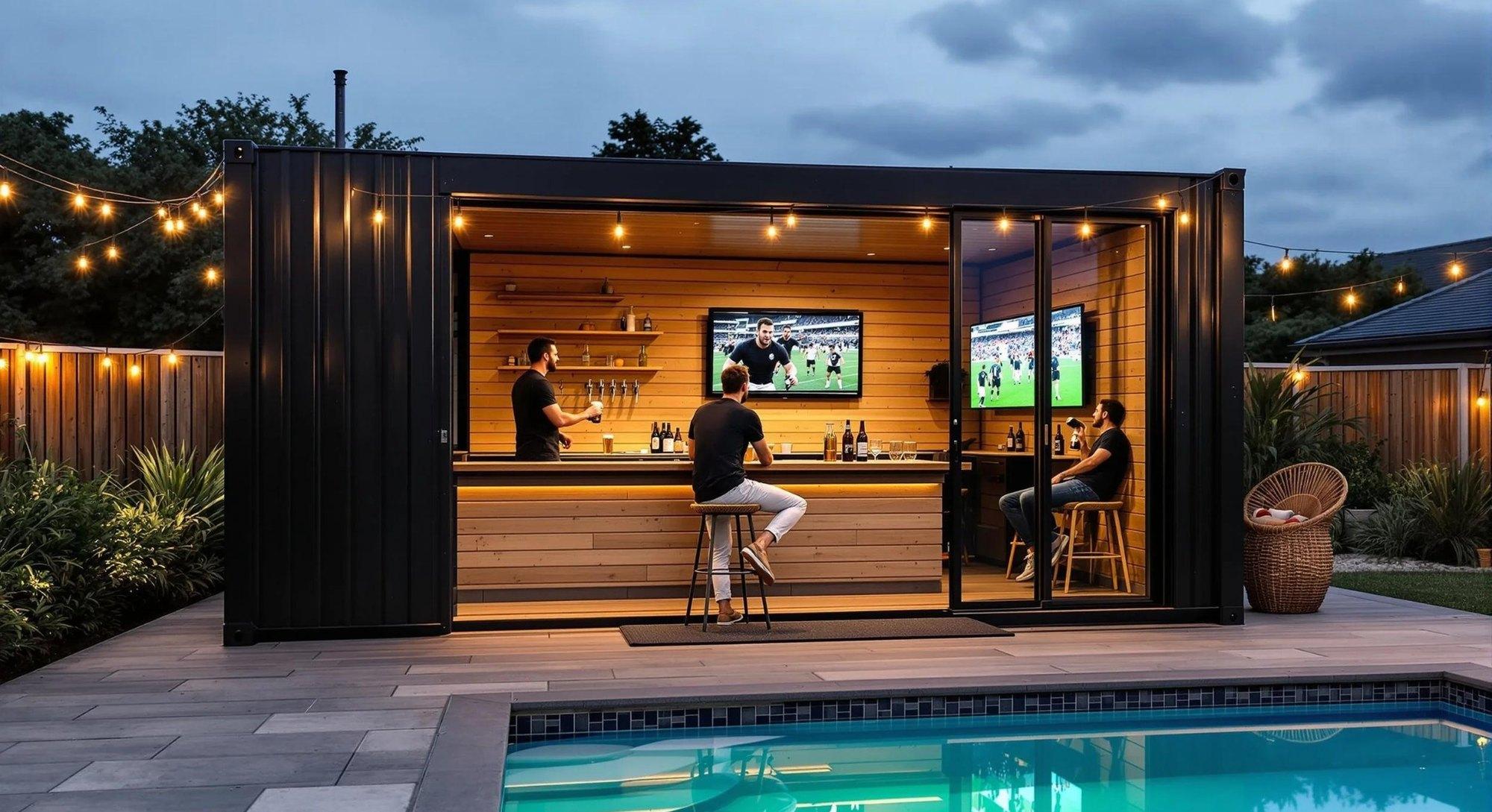 Black container lounge with a wood bar and two TVs, open to a poolside patio at dusk