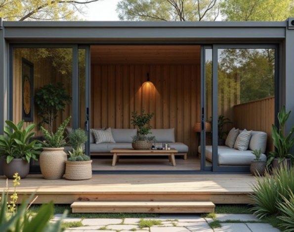 Modern container dwelling with full-height sliding glass, wood-lined lounge and garden steps
