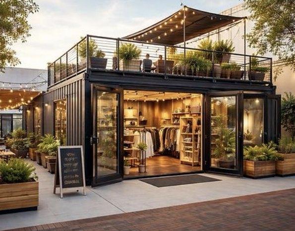 Two-story container boutique with glass doors, a planted roof terrace and a shade sail